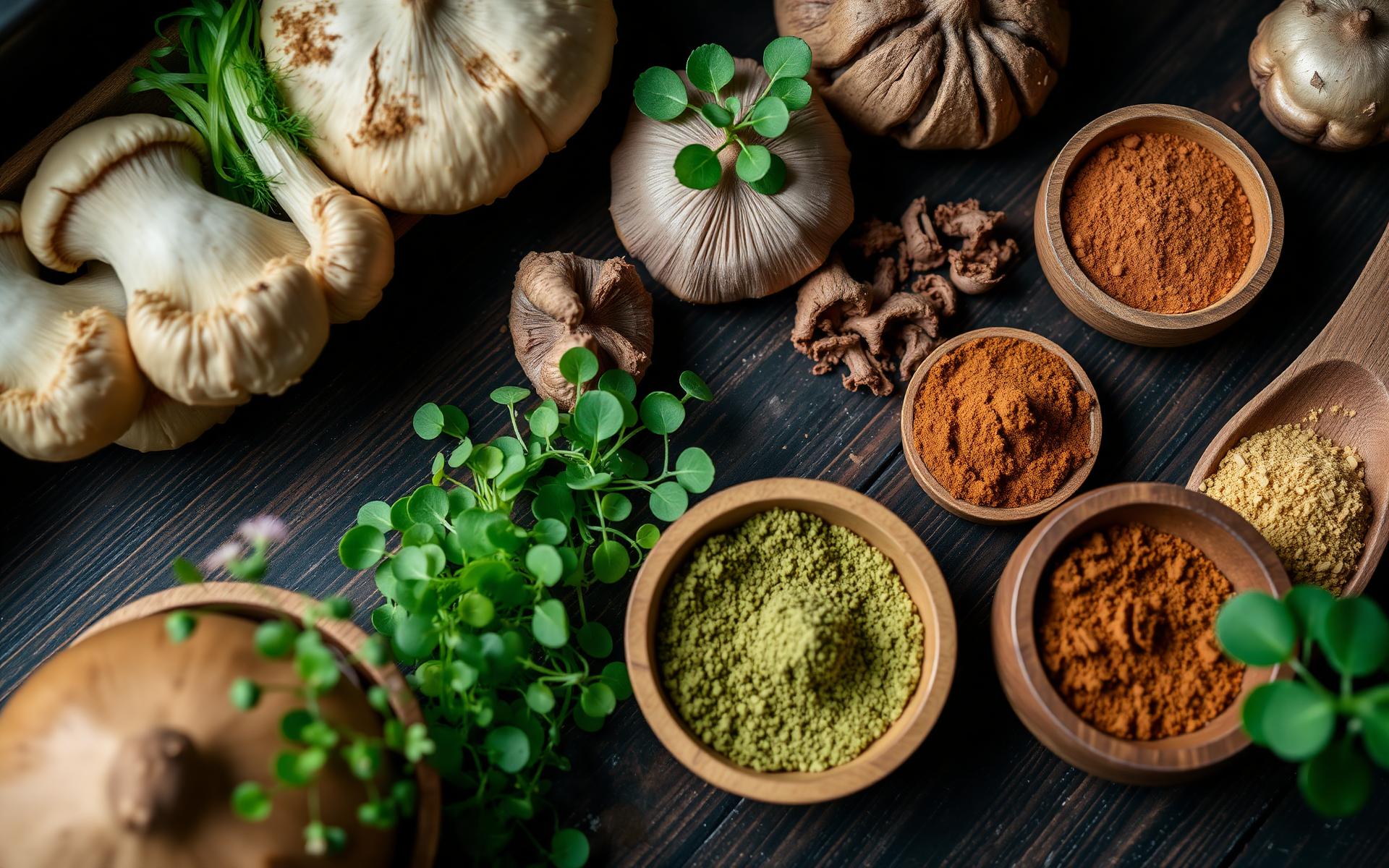 Fresh gourmet mushrooms, microgreens and superfood powders on a rustic wooden table